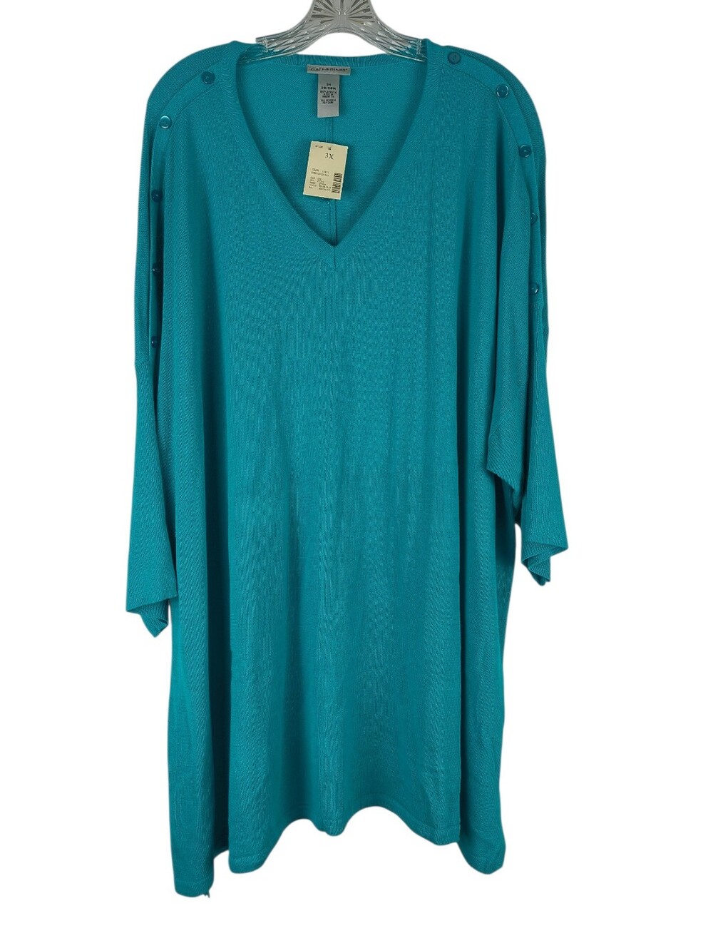 Catherines Tunic Sweater Women's 3X Blue Lightweight Knit Button Detail Stretch